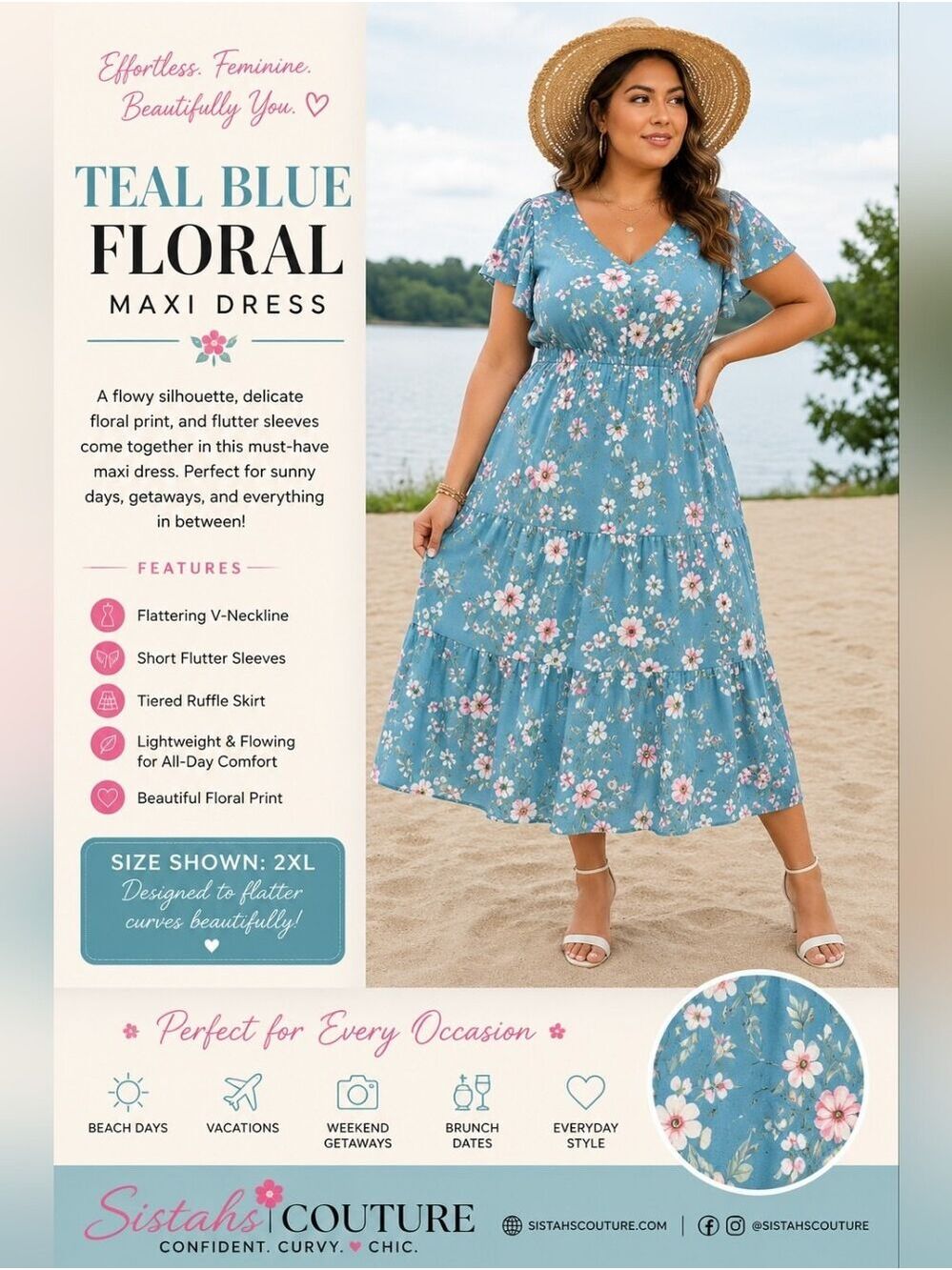 π Teal Blue Floral Maxi Dress | Effortless Cottagecore Meets Coastal Chic - Picture 2 of 3